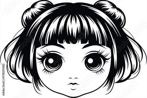 Black and white manga character illustration featuring large eyes and hair buns is presented