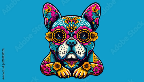 French bulldog in sugar skull mask with marigold flowers in pop art vector illustration