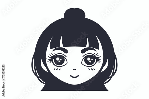 Cute black hair Anime girl face illustration with big eyes smiles sweetly