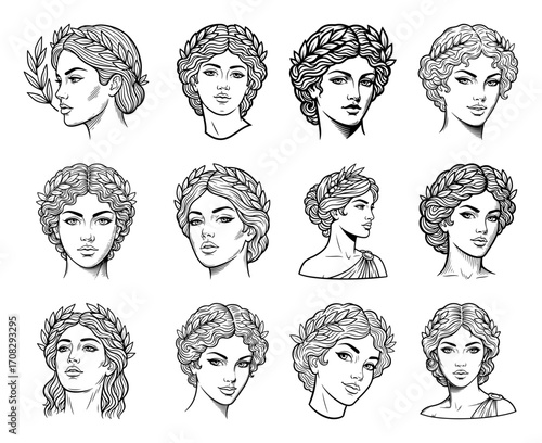 Set of Ancient Greek Goddesses with Laurel Wreaths