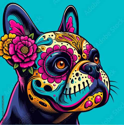 Colorful sugar skull French bulldog illustration on blue pop art vector background