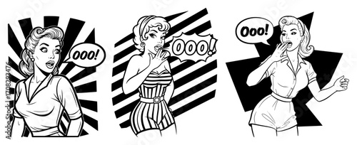 Pop Art Illustrations of Surprised Retro Women