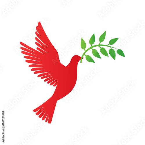A vibrant red dove gracefully takes flight, carrying a verdant olive branch in its beak, , symbolizing peace hope for the future