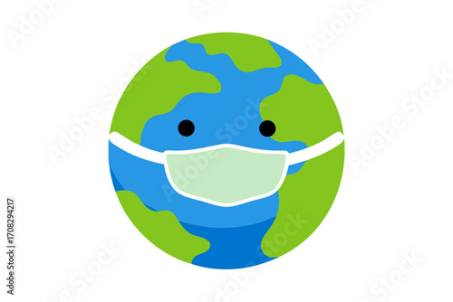 A earth wearing a light green surgical mask, , symbolizing protection global health during a pandemic or outbreak