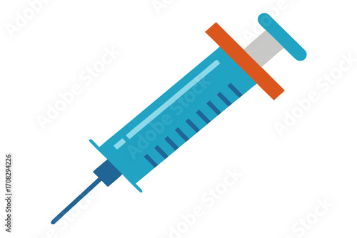 Illustration of a blue syringe an orange handle, symbolizing medical treatment, vaccination, healthcare interventions