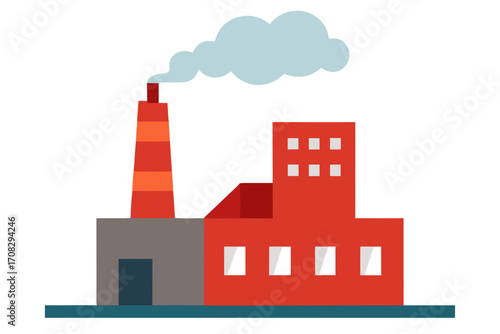 Illustration of a red factory emitting smoke its chimney, , representing industry, manufacturing, environmental impact