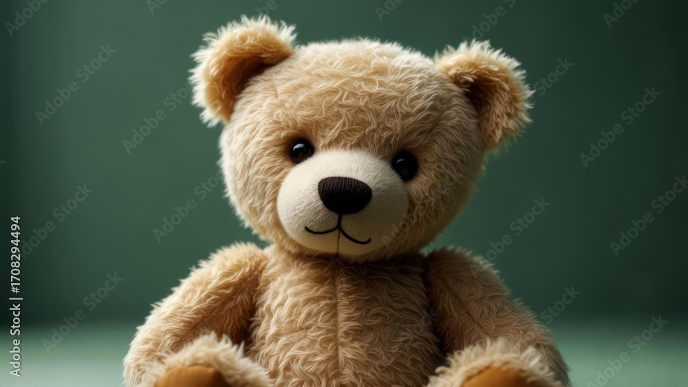 Obraz premium A light brown plush teddy bear sits against a muted green backdrop, its soft fur and gentle expression conveying a sense of childhood innocence and comfort