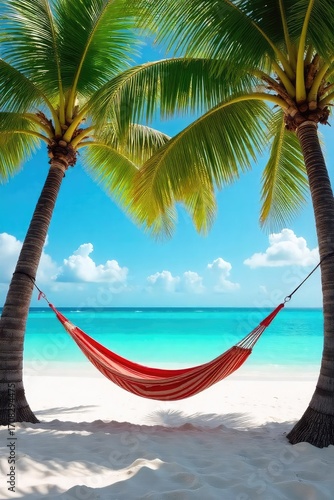 A tranquil scene depicting a hammock gently swaying between two palm trees on a pristine beach, the turquoise ocean visible in the background, suggesting relaxation and escape , escape, landscape