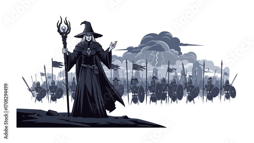 Mystical Wizard & Army: A mysterious wizard, standing tall against a backdrop of a stormy battlefield, orchestrating her army.
