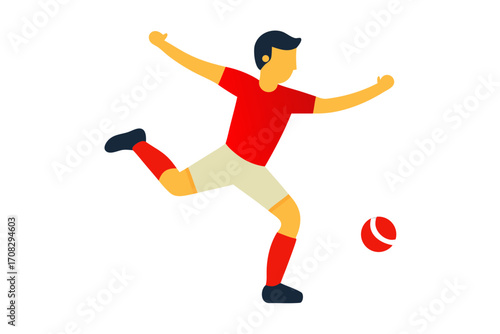 A soccer player in a red shirt white shorts is kicking a red white soccer ball, , demonstrating athleticism skill on the field