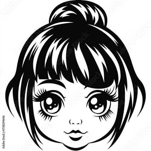 Cute young girl with black hair bun is staring intently at you in monochrome