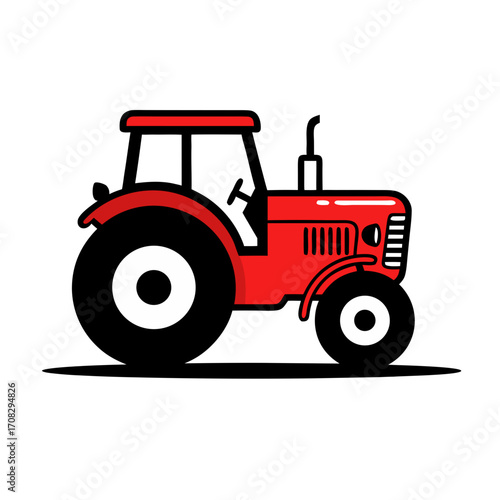 A vibrant red tractor, , stands ready for farm work, its robust design agricultural utility in a simple illustration