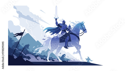 Noble Knight's Ascent: A regal knight, adorned in polished armor, rides atop a majestic steed, his sword held high as he embarks on an epic journey. The illustration captures the courage, honor.