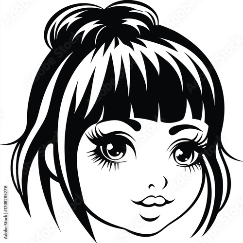 Animated face depicts an alluring Asian woman with captivating eyes and a modern hairstyle