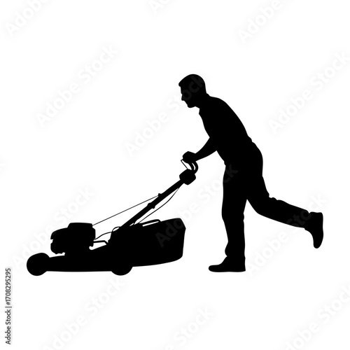 Silhouette of a man mowing the lawn, depicting yard work, activity, the use of lawn care equipment for home maintenance