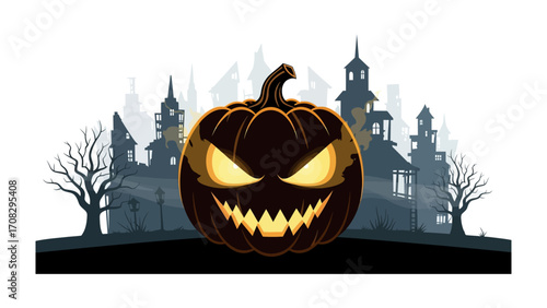 Spooky Halloween Night: Spooky pumpkin's glowing eyes with a creepy haunted house background, and bare tree