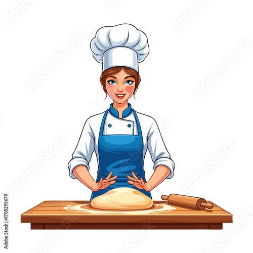 A female baker is kneading dough on a wooden board, she is wearing a chefs hat apron, a rolling pin is nearby