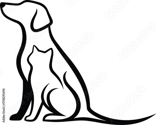 Minimalist black and white line art of dog and cat combined in creative negative space design for pet lovers and animal decor