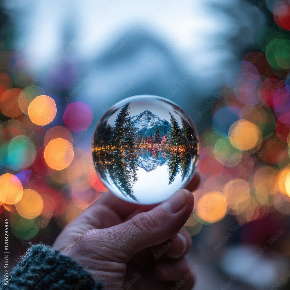 Fototapeta premium Crystal ball reflecting a mountain landscape; colorful bokeh