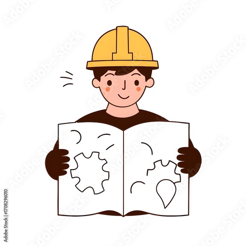 Cartoon Engineer with Yellow Hard Hat Reading Gear Blueprint.