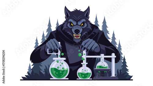Werewolf in Laboratory: A monstrous werewolf, illuminated by a cold, unsettling light, stands over beakers of bubbling green concoctions in a mysterious laboratory setting.