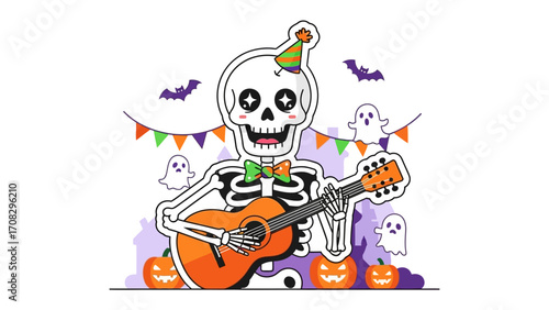 Spooky Serenade: A cheerful skeleton serenades with an orange guitar, surrounded by cheerful ghosts, jack-o'-lanterns, and festive decorations, epitomizing the fun of Halloween.