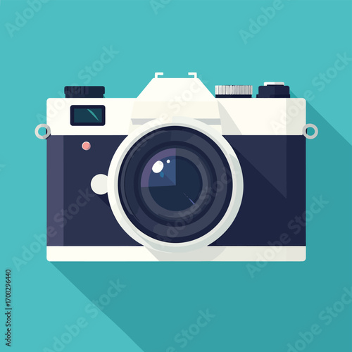 Retro photo camera with long shadow flat design illustration.