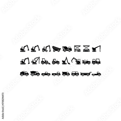 Collection of black construction vehicle and truck icons on white background excavator dump truck