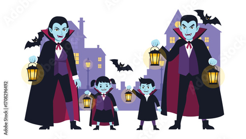 Halloween Family with Lanterns: A whimsical illustration captures a spooky Halloween scene, featuring a family of vampires, illuminated by the warm glow of lanterns.