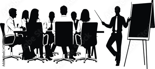 Silhouette of business meeting with presenter at flip chart, team discussion, corporate training, collaboration, and professional workplace communication concept illustration