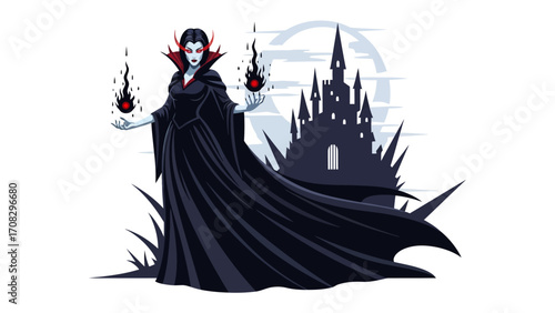 Mystic Vampire: An enigmatic vampire, adorned in a flowing gown, commands dark energy amidst the silhouette of a gothic castle under the moon.