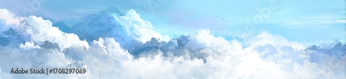 Panoramic view of a light blue sky filled with fluffy white and light gray clouds
