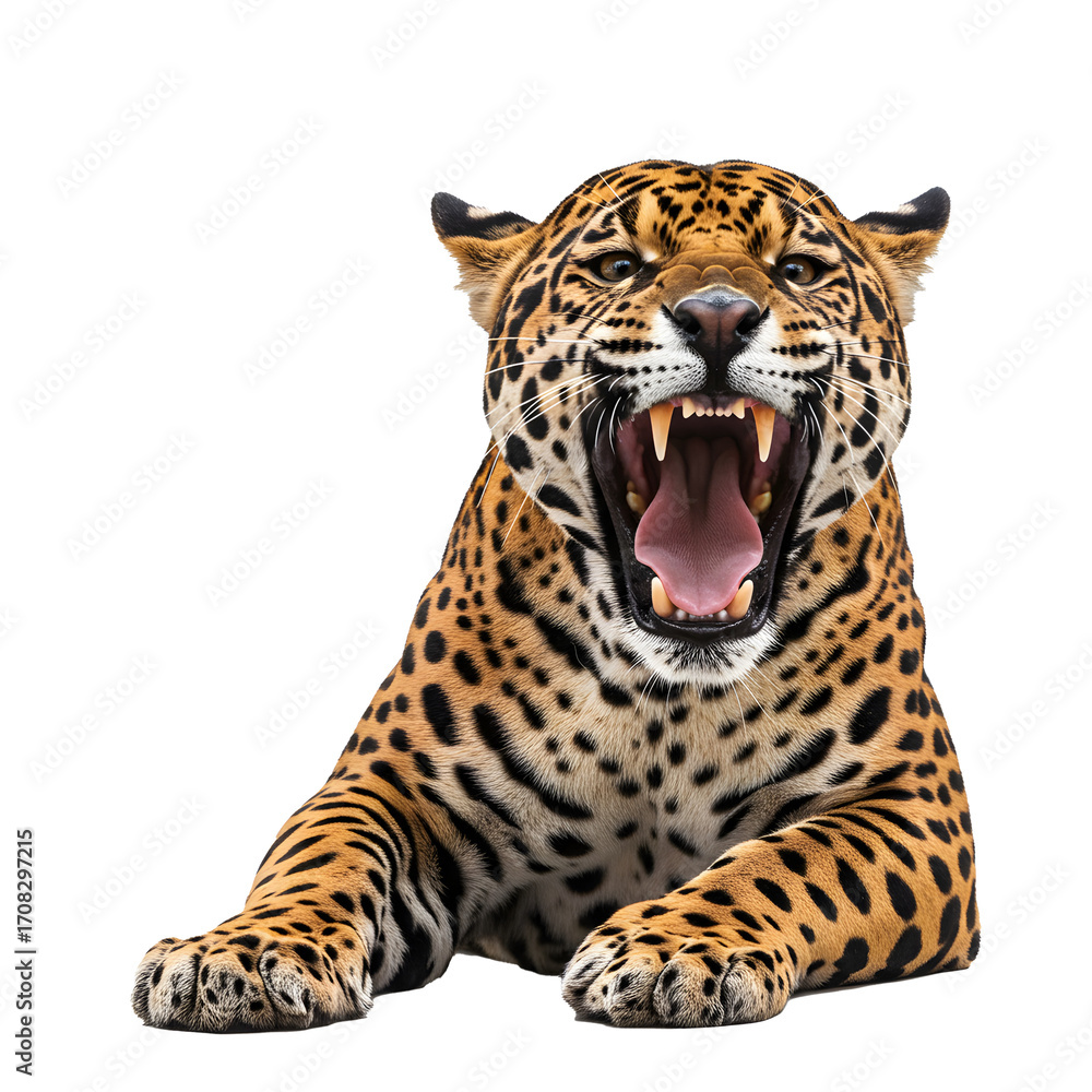 Obraz premium A fierce jaguar with an open mouth, revealing its teeth and sitting. Its fur is marked with black spots on a brown background