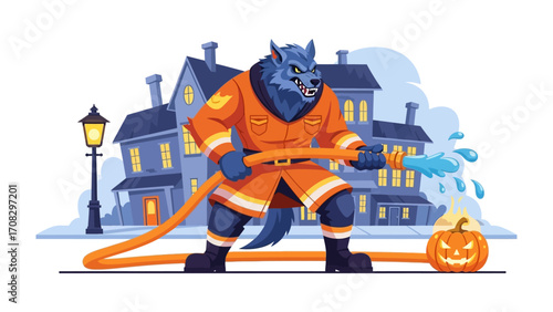 Halloween Firefighter: A dynamic illustration showcasing a werewolf firefighter heroically extinguishing a pumpkin on fire, symbolizing a lighthearted take on Halloween.