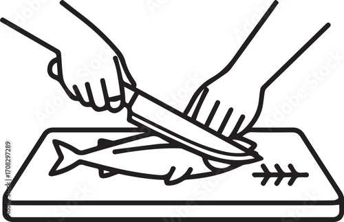 Chef Cutting Fish Line Art Icon – Seafood Cooking and Restaurant Logo Design