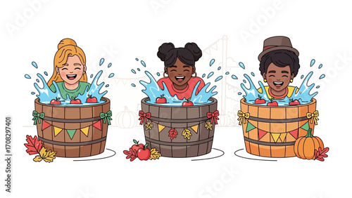 Joyful Splashes of Celebration: An illustrated image depicts children gleefully playing in wooden tubs with water splashing, embodying the simple joys of childhood and festive spirit.