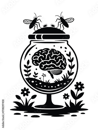 Brain in a jar with flies and plants symbolizing ideas