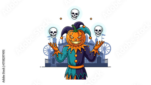 Juggling Spooky: A spooky joker with pumpkin head and skull juggling in front of haunted palace, creating a fun scary view and the essence of Halloween