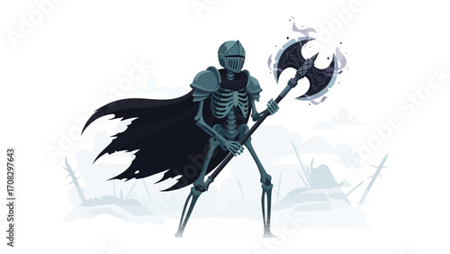 Skeletal Warrior with Axe: A formidable skeleton warrior stands ready for battle, brandishing a wickedly sharp axe, set against an enigmatic backdrop.
