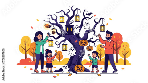 Halloween Family Decorating Spooky Tree: Capturing the spooky spirit, a family unites, adorning a whimsical tree with lanterns and festive decorations. Creating memorable moments.