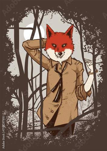 Anthropomorphic fox in a trench coat stands in a stylized forest under moonlight, sepia-toned, with a whimsical, slightly unsettling, illustrative aesthetic.