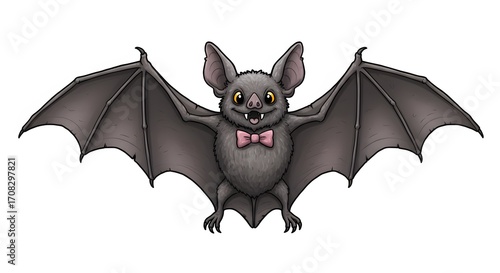 A cute cartoon bat with wide wings, big yellow eyes, sharp fangs, and a pink bow tie, spreading its wings against a white background.