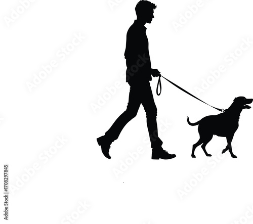 Silhouette of man walking dog on leash, pet owner outdoor activity, companionship, animal care, exercise, lifestyle, vector illustration design