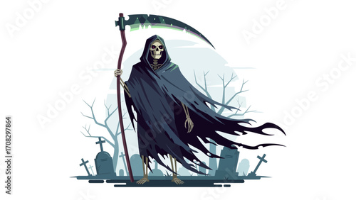 The Grim Reaper in Graveyard: The chilling depiction of the Grim Reaper, cloaked and hooded, stands stoically against a gloomy graveyard, evoking a sense of dread and the inevitable presence of death.