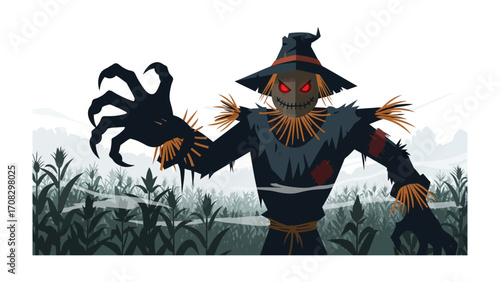 Spooky Scarecrow Illustration: A chilling depiction of a scarecrow with menacing claw hands stands in a cornfield, against the eerie backdrop of a foggy sky.