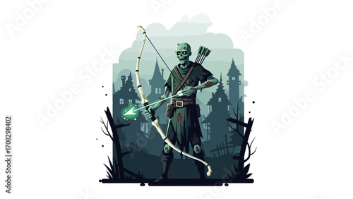 Undead Archer: A spectral archer, his skeletal form poised amidst a haunting cityscape, embodies the chilling essence of the undead, wielding a mystical bow.