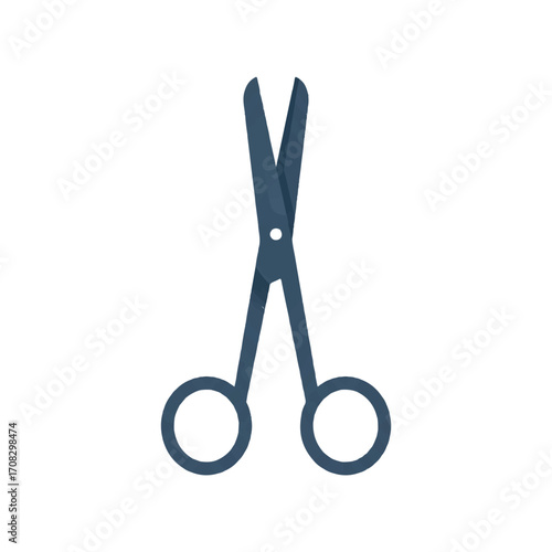 A simple, flat illustration of a pair of dark blue surgical scissors against a white background.