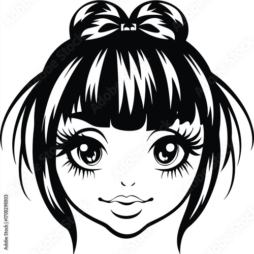 Beautiful monochrome girl with large eyes and a hair bow is looking forward