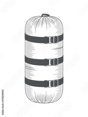 Hand drawn sketch of a rolled up sleeping bag with straps
