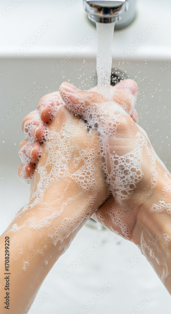 Fototapeta premium Hand soap water washing hygiene cleanliness foam skin health prevention create sense of freshness and safety in this close up of hands being thoroughly washed under running water